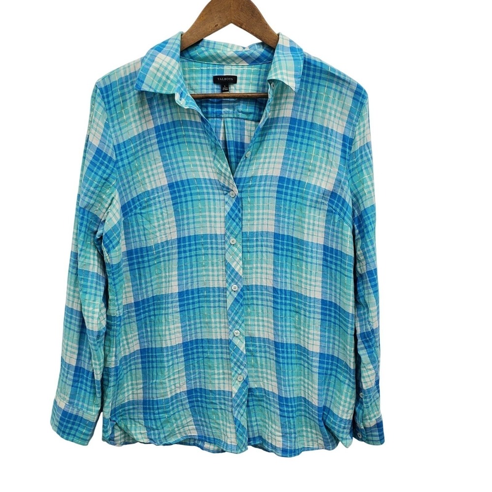 Talbots Womens L Blue Green Plaid Button Front Long Sleeve Lightweight Shirt